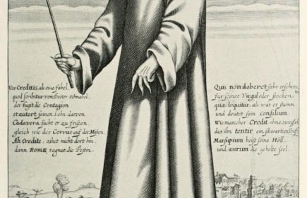 Médecin durant une épidémie de peste à Rome au XVIIe siècle (gravure de Paul Fürst, 1656) : tunique recouvrant tout le corps, gants, bésicles de protection portées sur un masque en forme de bec, chapeau et baguette. Le surnom « Doctor Schnabel » signifie 